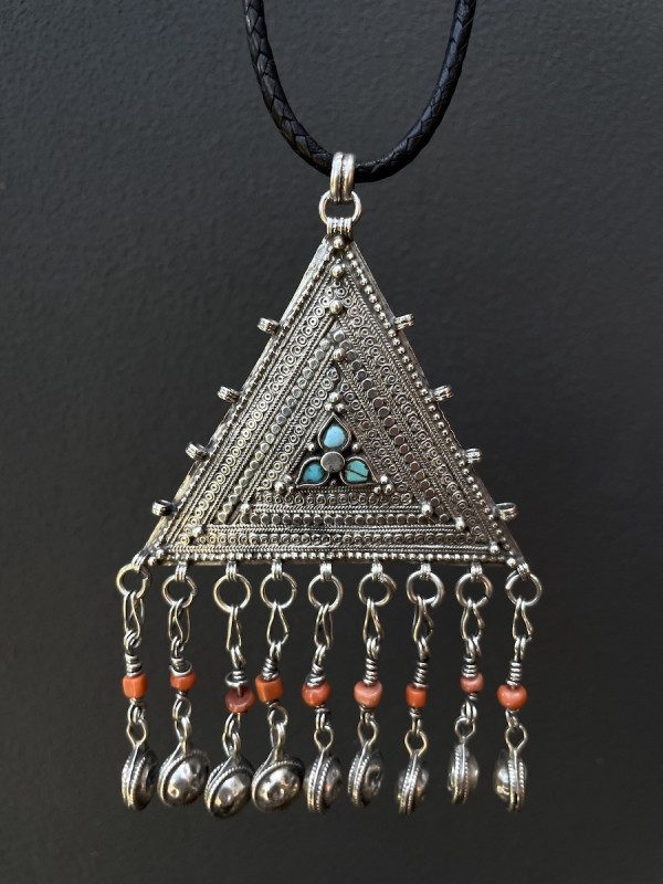 Tibetan Turquoise and Coral Handworked Silver Pendant